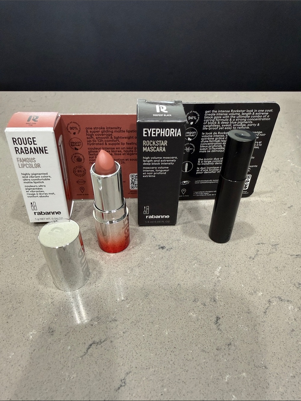 Rouge Rabanne Famous Lip color Nude & mascara. Set of 2 mini, new